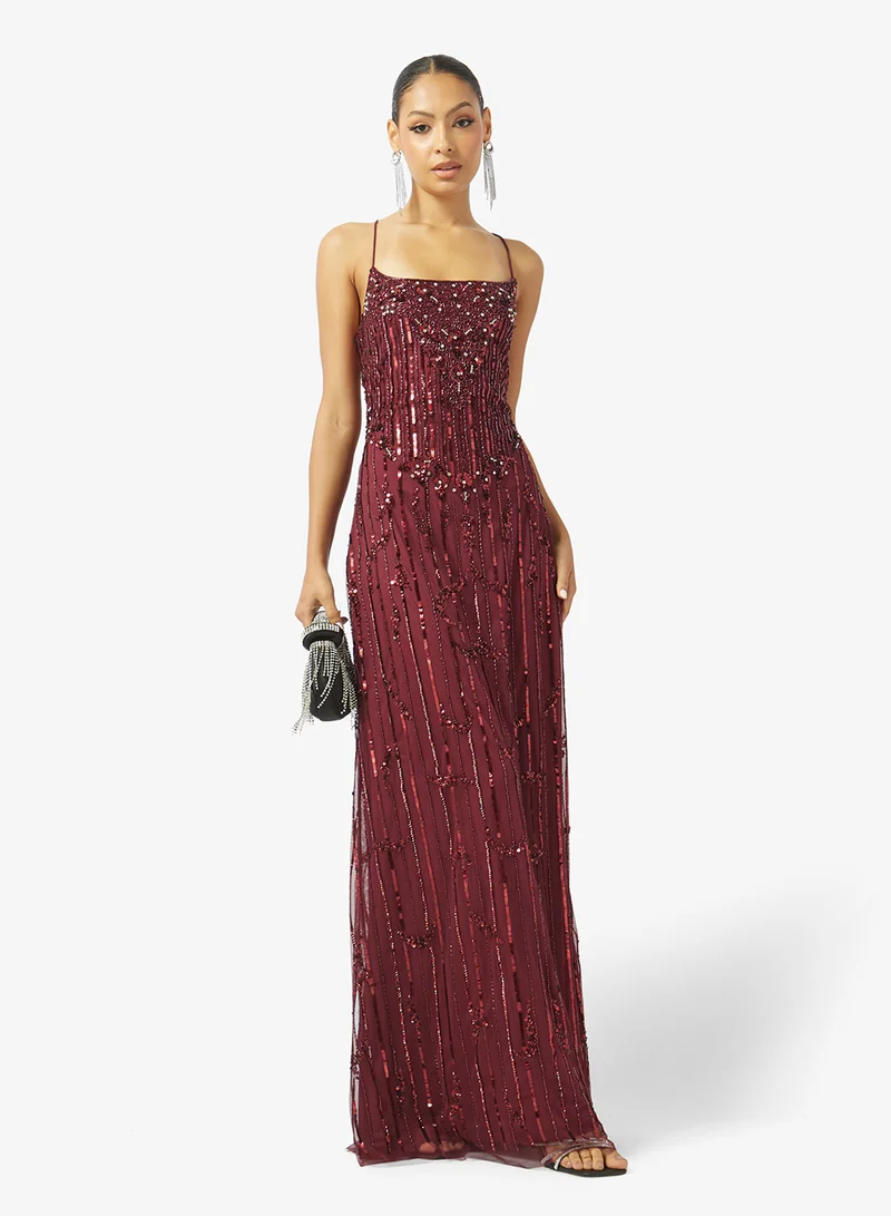 Namshi x Bead Embellished Evening Gown with Slit